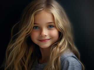 Fototapeta premium An illustration of an adorable female child with long wavy brown hair wearing a blue outfit is smiling with her charming smile and haircut.