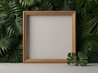 Modern minimalistic composition of blank frame mockup against green tropical leaves on pastel background. Generative AI.