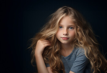 Fototapeta premium An illustration of an adorable female child with long wavy brown hair wearing a blue outfit is smiling with her charming smile and haircut.
