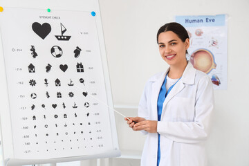 Female ophthalmologist with pointer near eye test chart in clinic