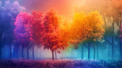landscape in a fabulous forest, rainbow spectrum of colorful autumn trees in unusual neon lighting,...