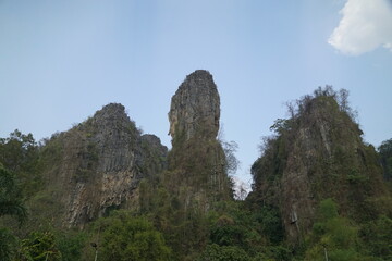 Three large rocks are in the background of a lush green forest