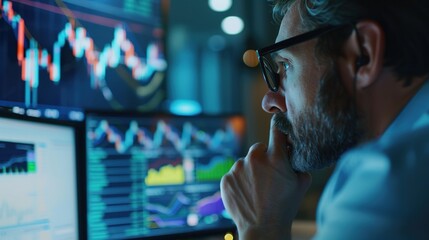Fototapeta premium Financial analyst analyzing stock market trends and economic data on a computer screen, making informed investment decisions for clients