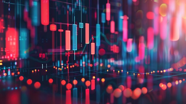 Financial market analysis portrayed with candlestick charts and economic indicators, depicting market volatility and trends.