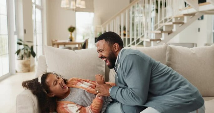 Love, tickle and man with kid on sofa for bonding, affection and support in child development. Playful, home and dad with girl in living room for family game, humour and happiness on fathers day