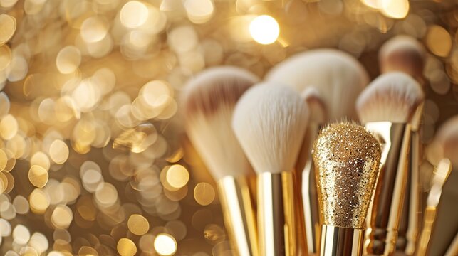 Glamorous makeup brushes elegantly displayed against a backdrop of sparkling gold accents, elevating the art of application. 