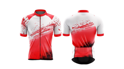 Modern White and red cycling jersey with stripe design Front and back view.