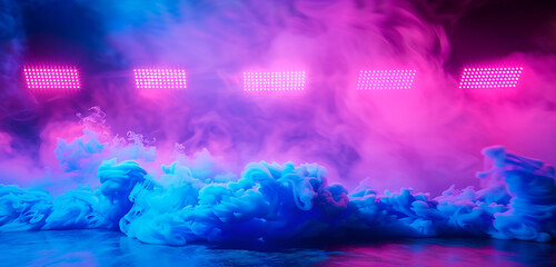 Abstract stage setting with deep blue smoke and radiant pink neon lighting effects.