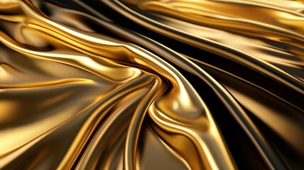 Abstract golden fluid satin fabric close-up - This dynamic close-up showcases the smooth, flowing texture of luxurious golden satin, epitomizing elegance and richness