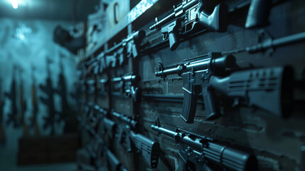 Obraz premium There is a wall of weapons in a dimly lit room. Ammunition and weapons depot. The scene is tense and ominous