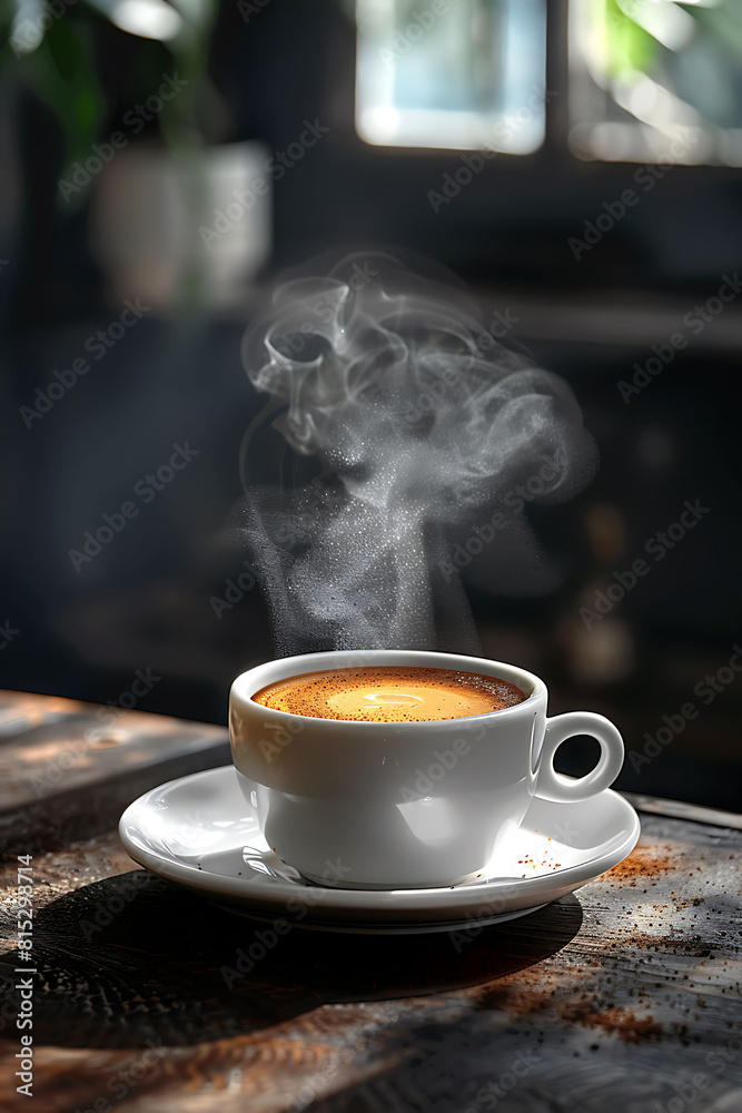 Wall mural cup of coffee with steam on wooden table