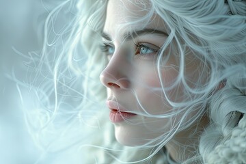 Ethereal White-Haired Goddess Serenely Gazing in Sharp Focus