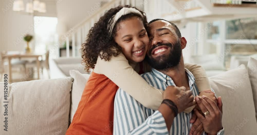 Canvas Prints Family, hug or love with father and daughter on sofa in living room of home together for bonding. Happy, kids or smile with man single parent and girl child in apartment for comfort, support or trust