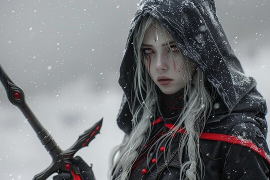 Female Drow Necromancer Portrait: Hooded Robe Fantasy Art