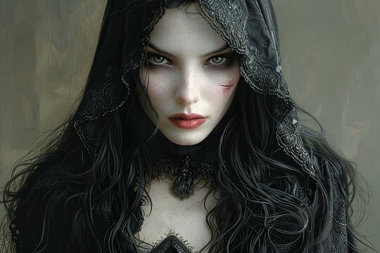 Female Drow Necromancer in Hooded Robe Fantasy Portrait