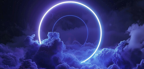3D round frame with a swirling cloud lit by a soft indigo neon ring.