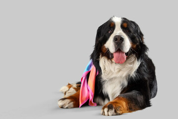 Cute Bernese mountain dog with shawl on grey background