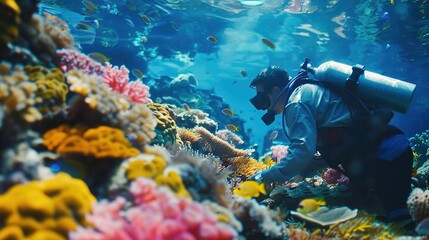 Fototapeta na wymiar Ichthyologist examining colorful fish species in a coral reef, studying aquatic biodiversity