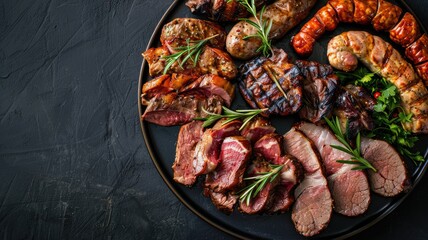 Assorted grilled meats garnished with herbs on plate