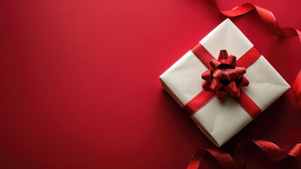 White gift box with red ribbon on background