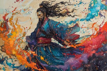 Vibrant Galaxy Holy Warrior: Intricate Manga Illustration In Full Body