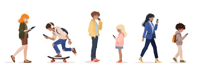 Diverse people of different ages using smartphone, surfing internet, chatting. Female and male characters, young adults and kids holding gadget, mobile phone, tablet. isolates vector illustrations.