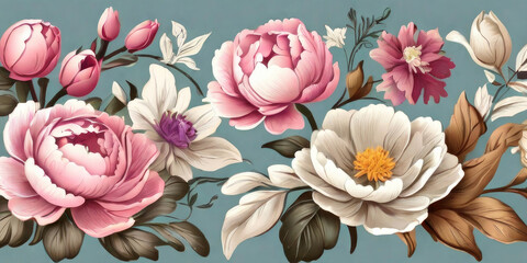 Flower and plant. Floral classic seamless print in shabby chic style. Flowers vector illustration: peony, rose, aster, leaves and plants for background, pattern and wallpaper Generative AI Techonology