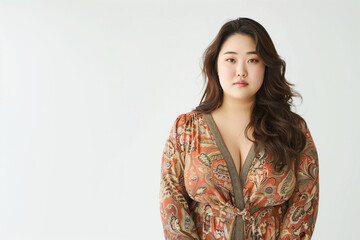Portrait of a confident young Asian woman in an elegant, patterned robe, exuding sophistication and style against a light background.