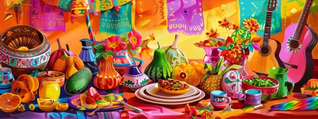 Naklejka premium A colorful wall with many decorations including a guitar and a vase