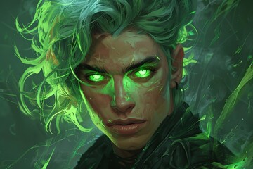 Whimsical Man with Light Green Hair and Glowing Green Eyes in Maximalist Poster Art.