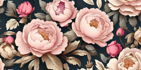 Flower and plant. Floral classic seamless print in shabby chic style. Flowers vector illustration: peony, rose, aster, leaves and plants for background, pattern and wallpaper Generative AI Techonology