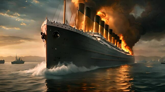 Titanic. A Glimpse of the Legendary Liner with Heavy Fire at Sea