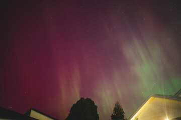 aurora australis or southern lights visible from Tasmania's clear night sky full of stars and...