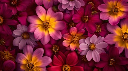 pink and yellow centers, encircled by purple and yellow petals against a deep red backdrop - Powered by Adobe