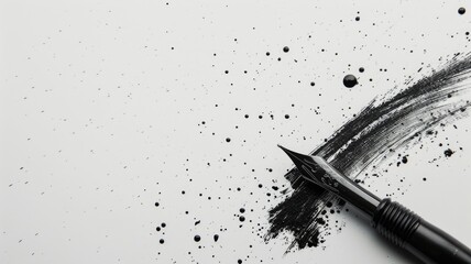 Black ink pen creating abstract splashes and strokes on white paper