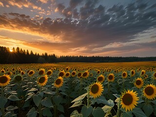 Fototapeta premium sunflower garden and sunset over the field