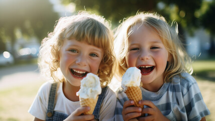 A two girl friends eats ice cream on a hot day. Ice cream in a waffle cone. A happy and contented child at summer.
