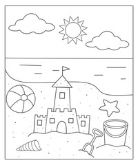 Summer coloring page for kids, summer worksheet activity, summer sketch, summer black and white, beach coloring page, beach outline