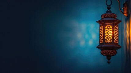 Vintage lantern with intricate patterns illuminated against blue wall