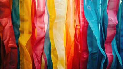 Vibrant colorful fabric strips hanging closely together