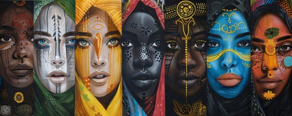 Develop a portrait showcasing beauty in diversity, with faces from around the world adorned in their traditional decorative elements, suitable for an educational or cultural space