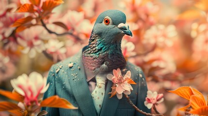 A pigeon wearing a suit is sitting on a branch of a tree