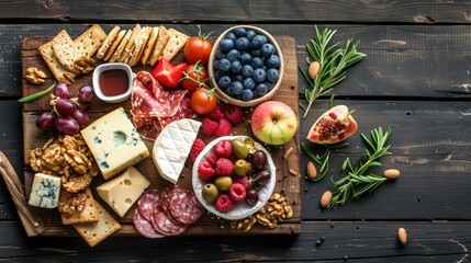 A wooden cutting board displaying an assortment of natural foods like leaf vegetables, vegetables,...