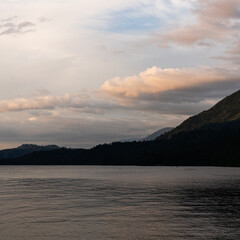night time on mountain lake with calm water and cloudy sky
