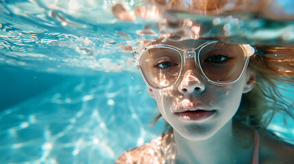 Naklejka premium Portrait underwater woman swimming, face of young girl under blue water, summer swimming in pool, Close-up underwater woman swimming