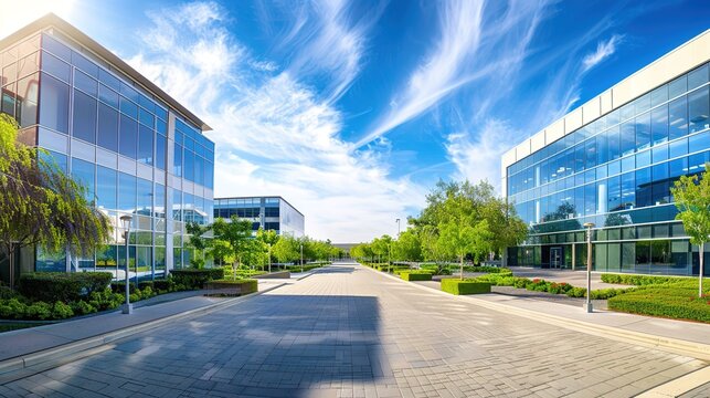 Panoramic shot of a corporate campus with landscaped grounds and multiple office buildings, fostering a productive work environment.