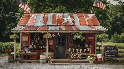 Rustic Memorial Day Roadside Stand Adorned with Patriotic Items for Sale