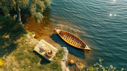 An aerial view of two boats peacefully floating on the serene lake surrounded by natural landscape with trees, grass, and other terrestrial plants AIG50