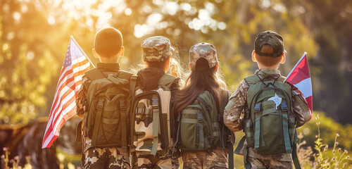 Fototapeta premium Kids in Army gear holding flags on a bright Memorial Day, back view.