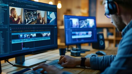 Professional freelancer editing video on computer. Home office.